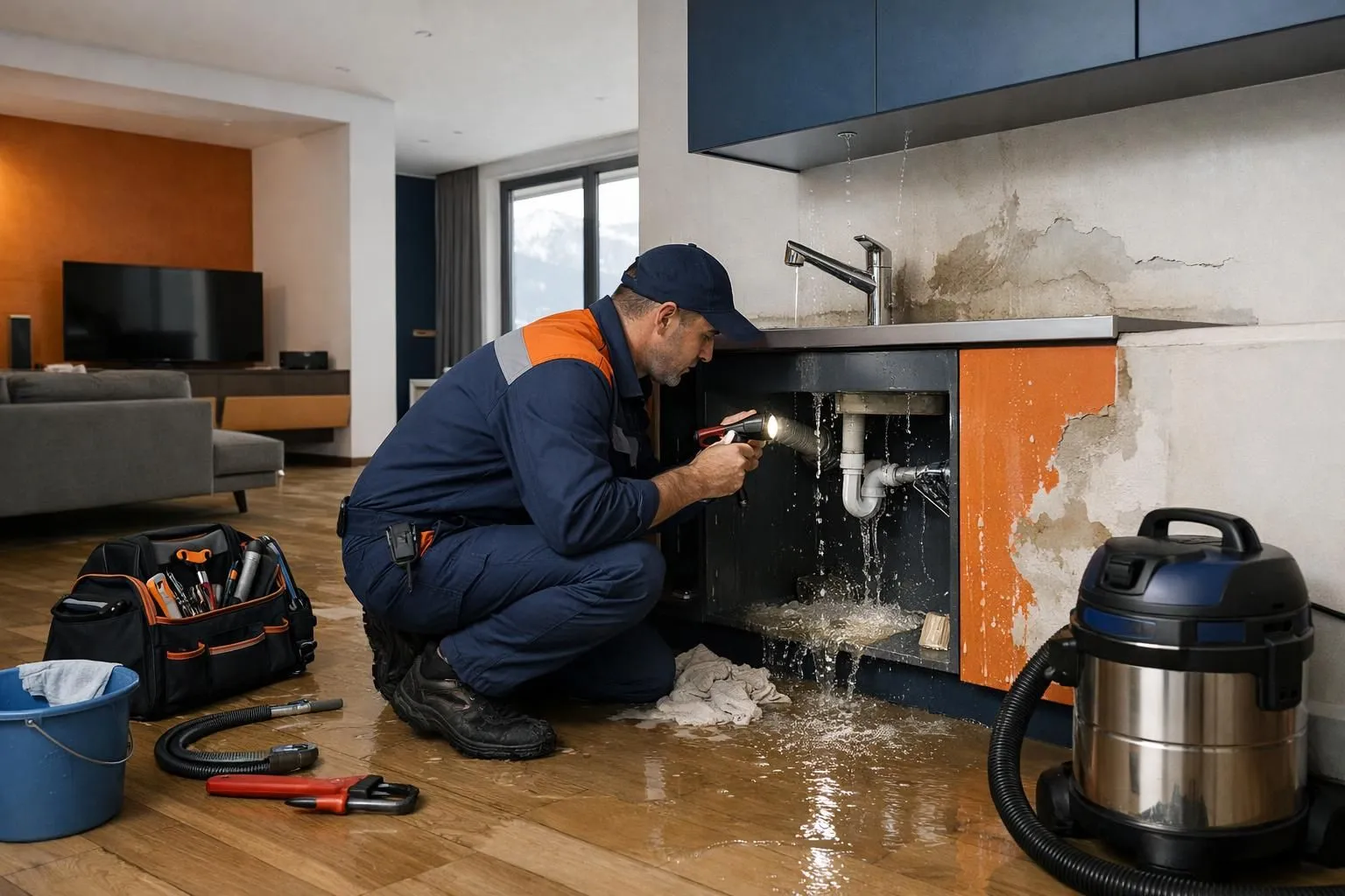 Emergency plumber responding urgently to water leak in residential home with professional tools and equipment, modern Swiss interior setting, water damage visible on walls