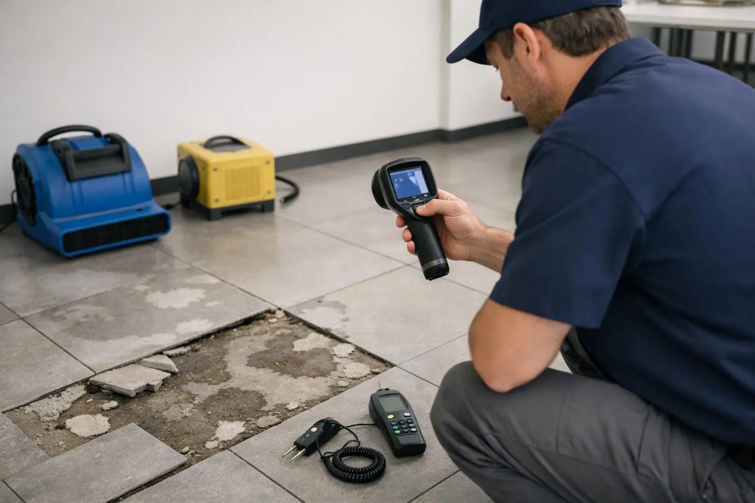 Professional plumber using thermal imaging camera to inspect water damage beneath floor tiles in commercial building, showing moisture detection equipment and damaged tile area with water stains
