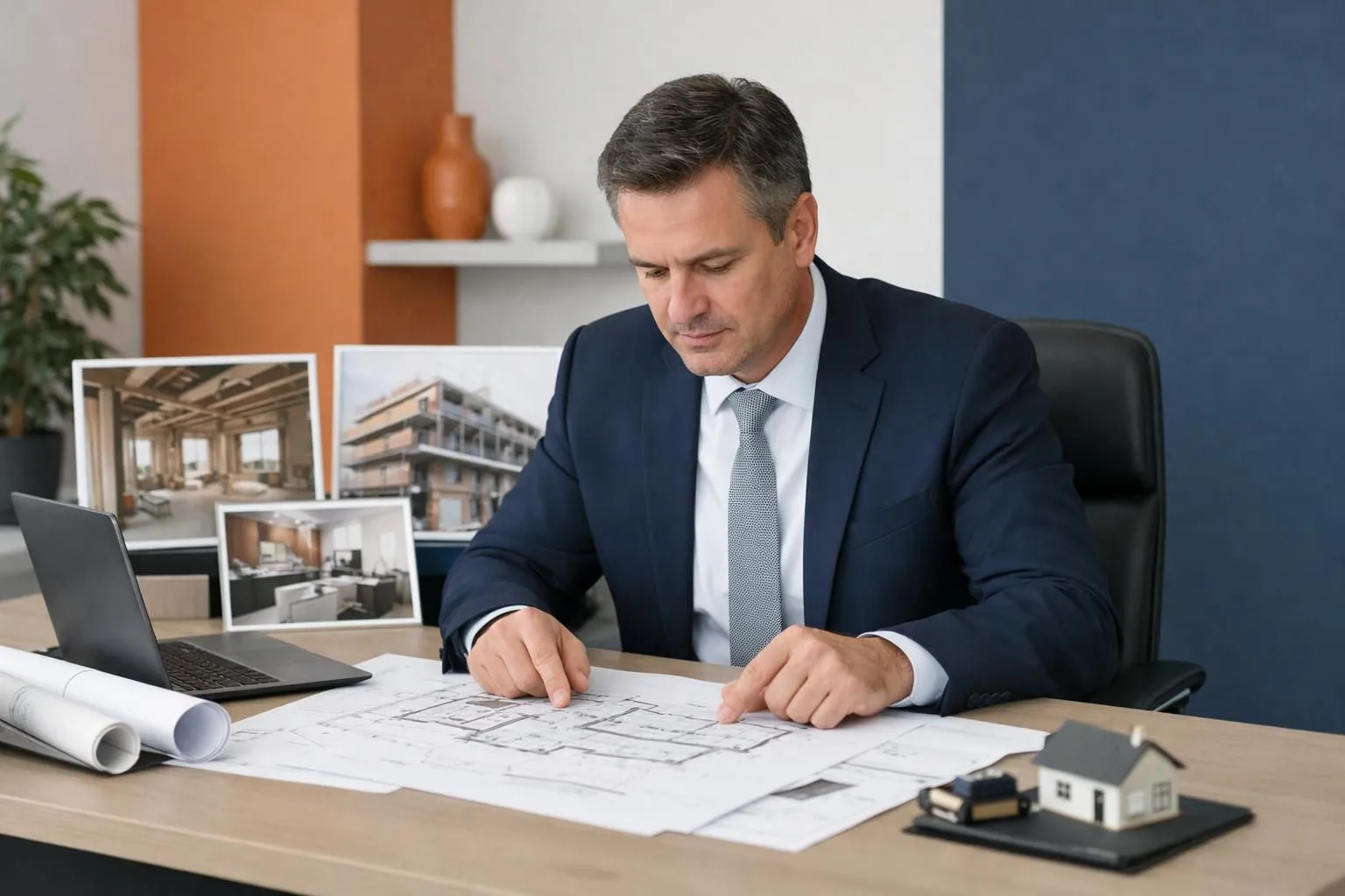 Property manager in formal attire holding architectural blueprints reviewing renovation documents in modern office with construction plans and building photos on desk, professional business setting focused on real estate management