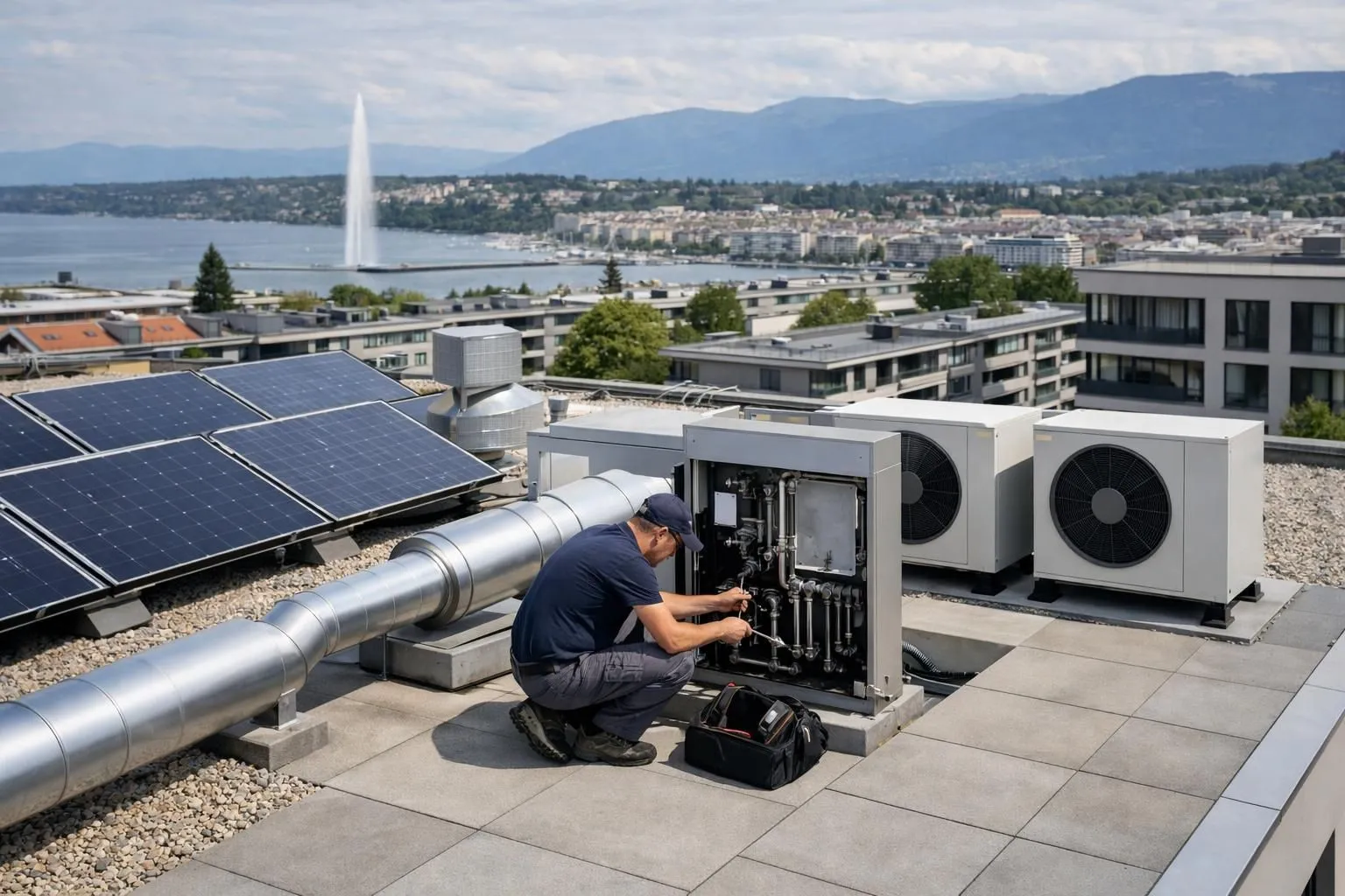 Modern Geneva residential building exterior showing energy-efficient heat pump installation and solar panels on rooftop, with technician working on heating system equipment, realistic detailed photograph of Swiss building renovation project