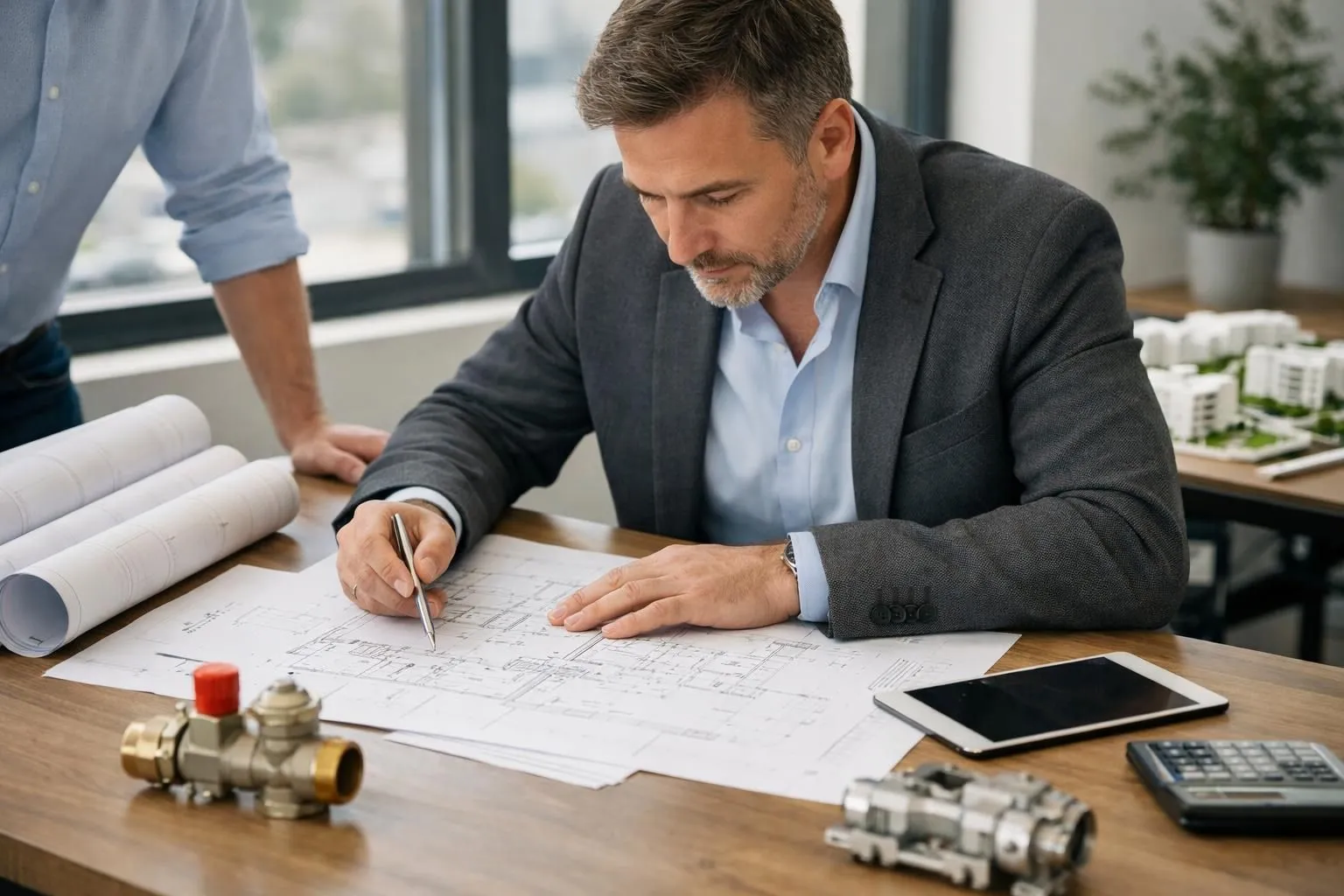 Professional construction manager reviewing heating system blueprints with technical drawings spread on desk in modern office, wearing business casual attire, natural lighting from window, focus on collaboration and planning for real estate development project