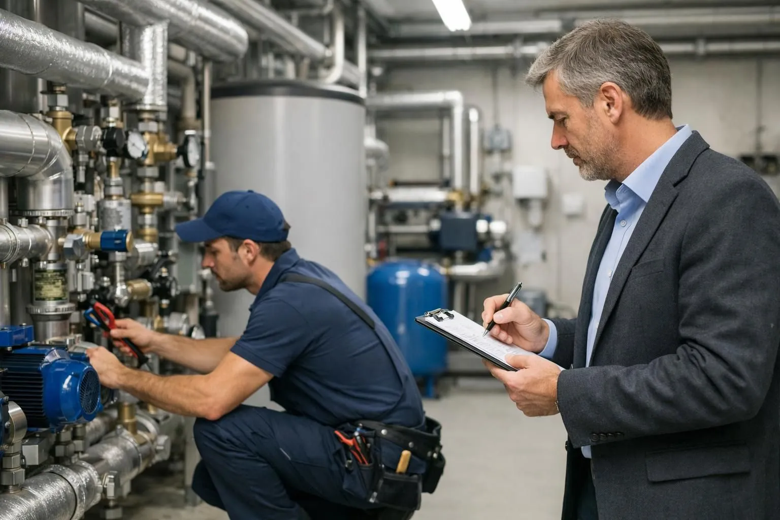 Professional plumber inspecting pipes and water systems in a modern Swiss building mechanical room while a property manager takes notes on maintenance checklist, bright overhead lighting, commercial property setting