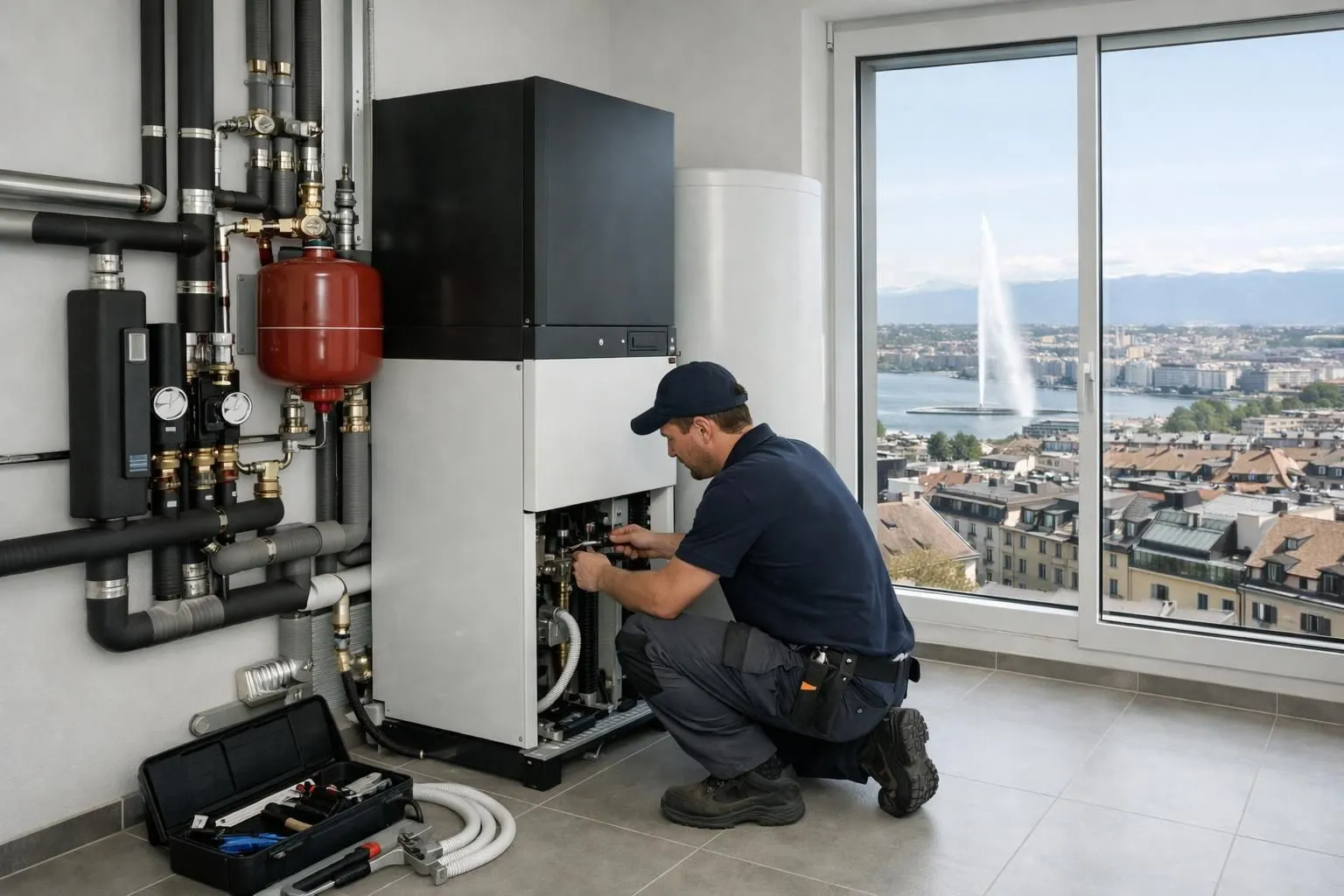 Close-up of a technician installing a modern heat pump system in a Geneva apartment, with visible piping and energy-efficient equipment, natural lighting through window showing Geneva cityscape, professional work environment