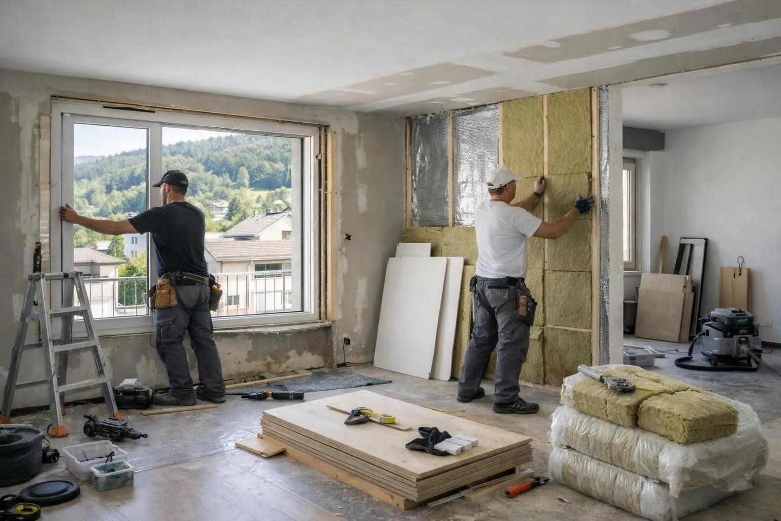 Modern apartment renovation site in Switzerland showing workers installing energy-efficient windows and insulation materials in a bright residential space with exposed renovation work, tools, and building materials visible, capturing the transformation of rental property investment