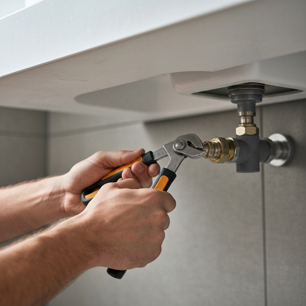 Worker fixing a pipe under a sink with specialized tools