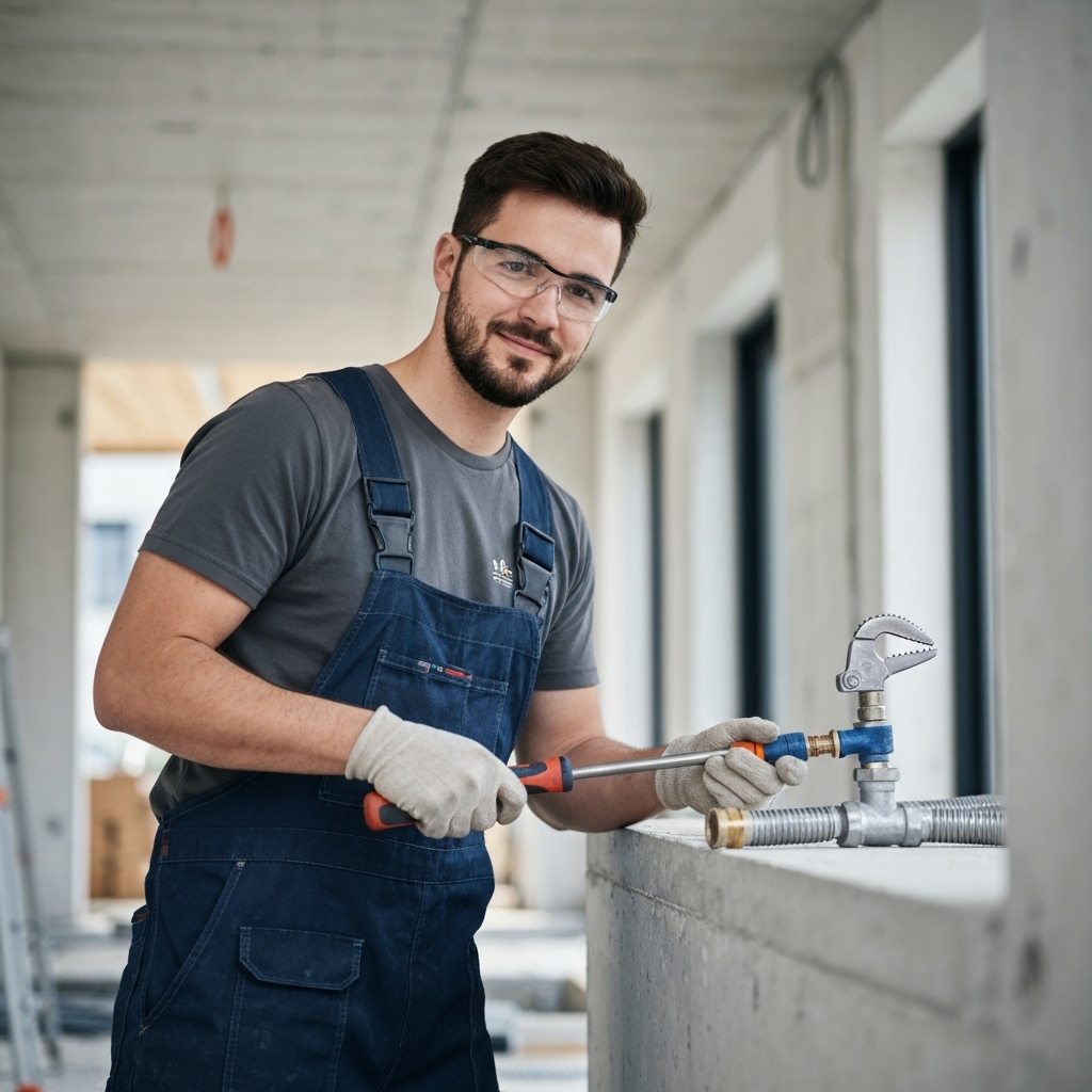 Professional plumber analyzing blueprints on a construction site in Neuchâtel with modern tools
