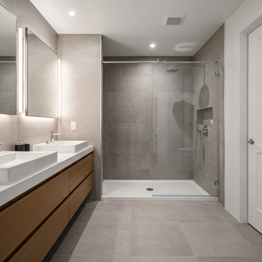 Rénovation de salle de bain moderne et luxueuse avec carrelage grand format et douche à l