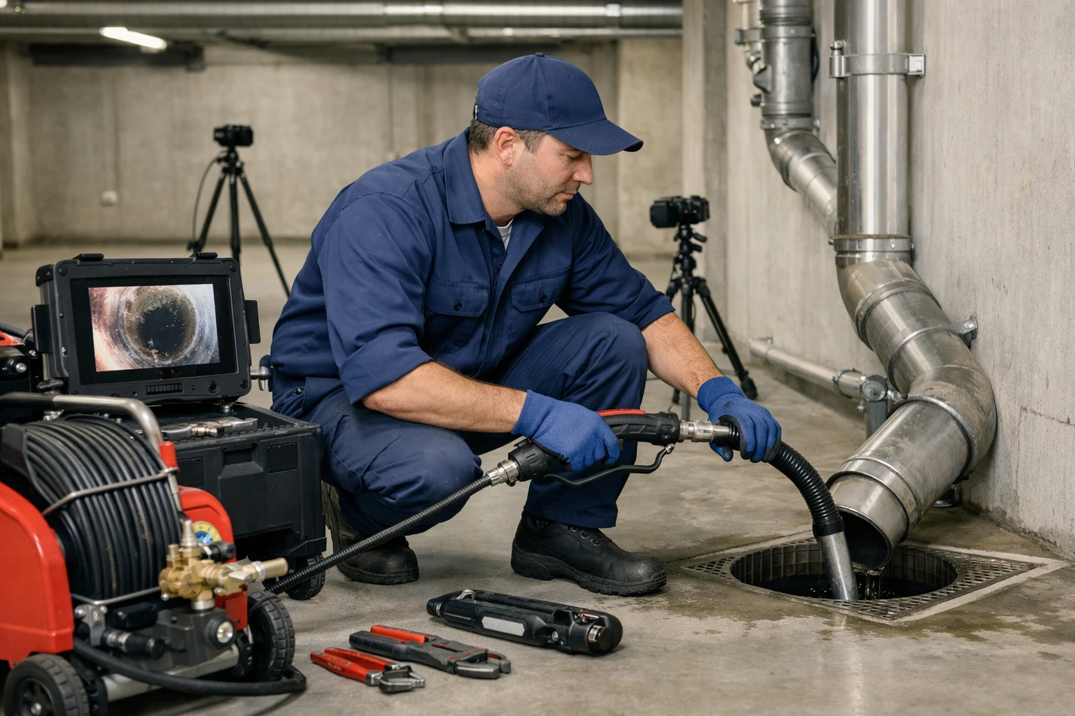Professional plumbing technician in work uniform using high-pressure drain cleaning equipment with digital monitoring screen displaying pipe interior, working on emergency drain system in modern building basement, technical tools and cameras visible around workspace, realistic documentary photography style