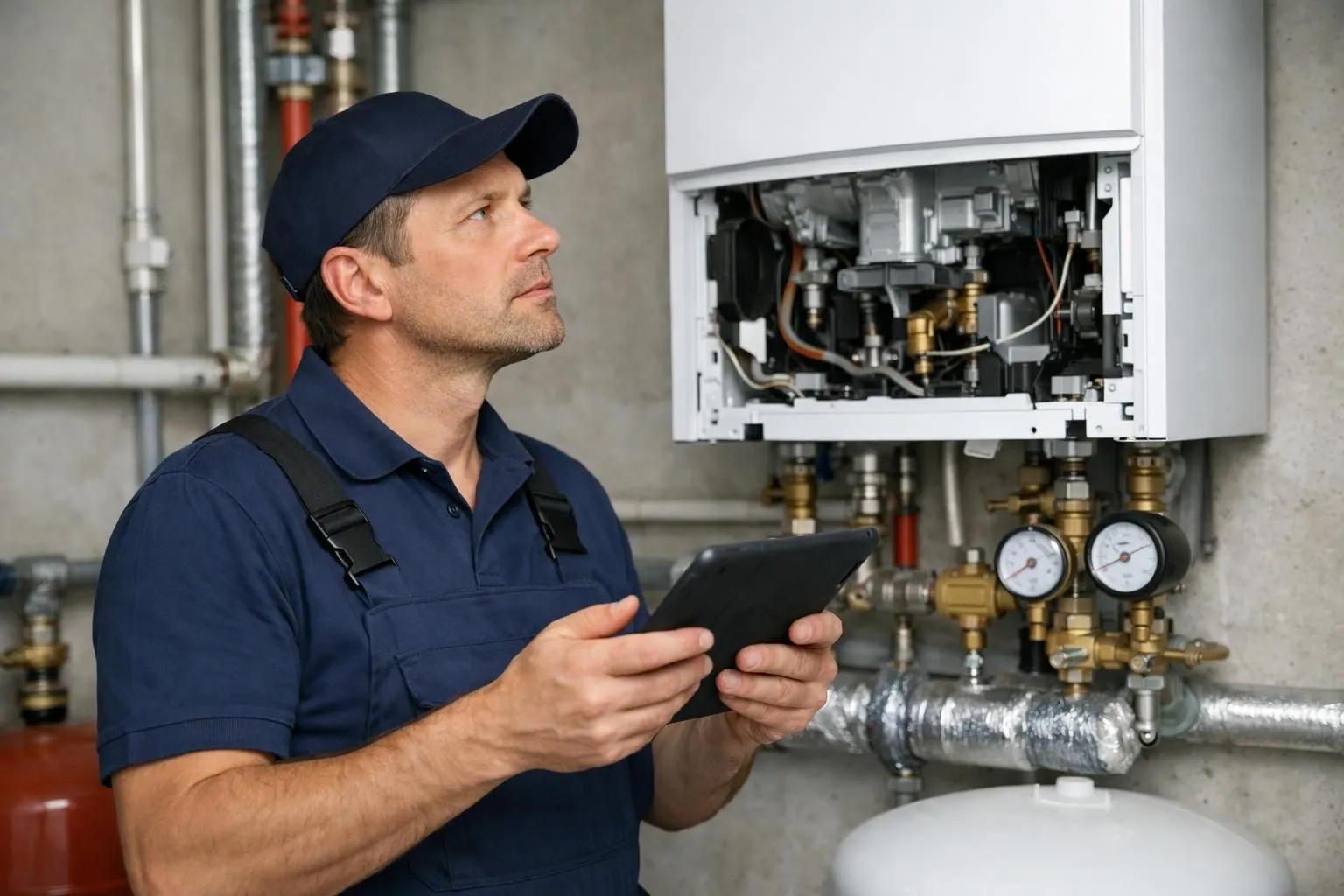 Professional heating technician in work uniform inspecting modern wall-mounted boiler in residential building basement, holding diagnostic tablet, technical pipes and pressure gauges visible in background, Swiss building maintenance context