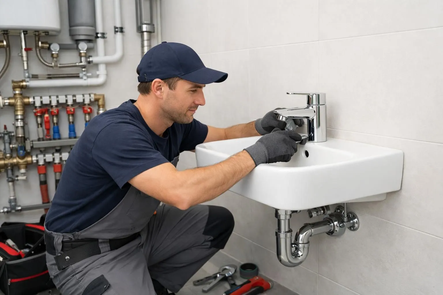 Professional plumber installing modern bathroom fixtures in a newly renovated residential property, showing chrome faucets, wall-mounted sink, and technical plumbing equipment visible in background, bright clean workspace with exposed pipes and professional tools