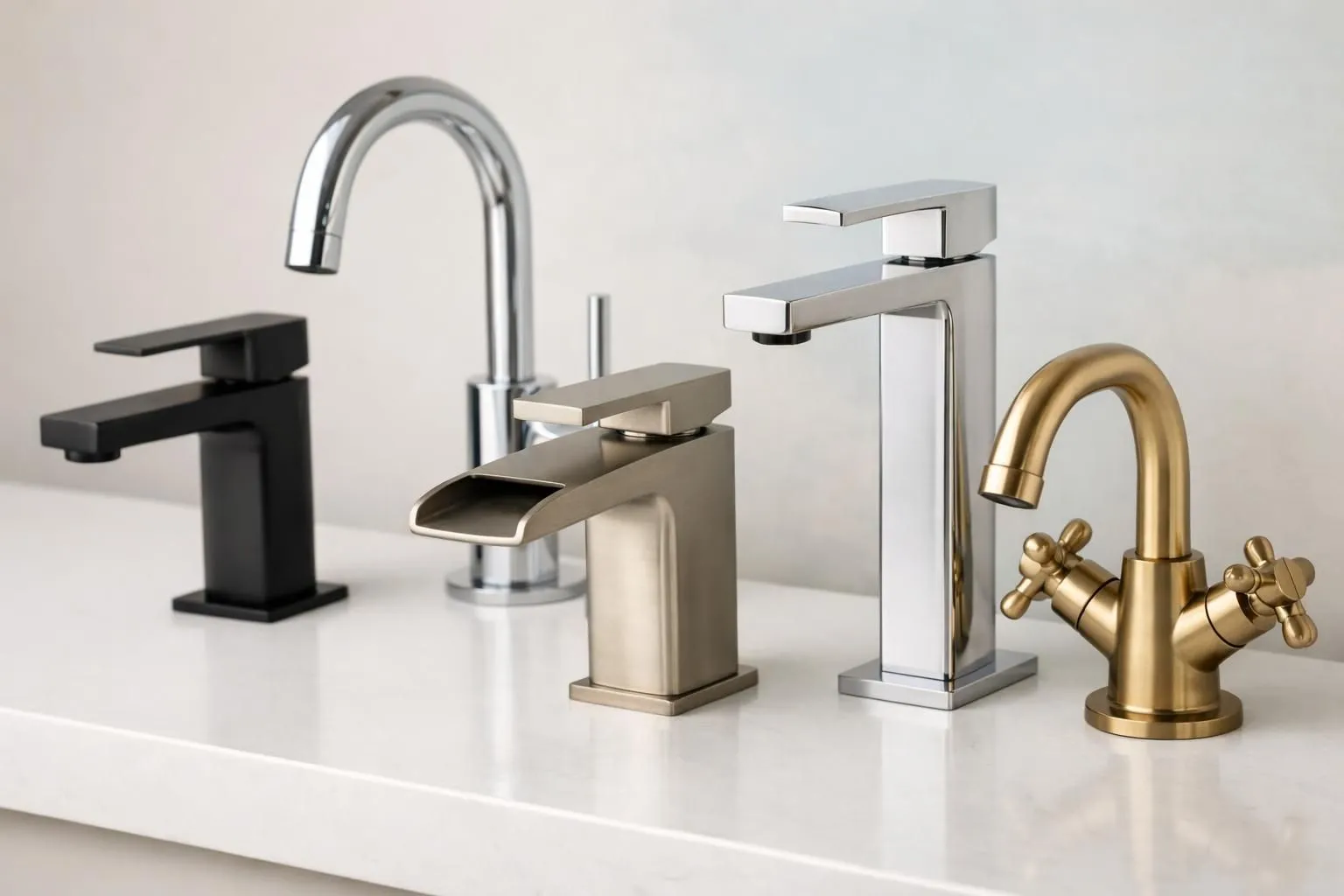 Realistic photograph showing seven different types of bathroom faucets arranged on a modern bathroom counter, including single-lever mixer, dual-handle mixer, wall-mounted faucet, tall spout faucet, waterfall faucet, thermostat mixer, and touchless electronic faucet, each with distinct design features visible in clean professional lighting