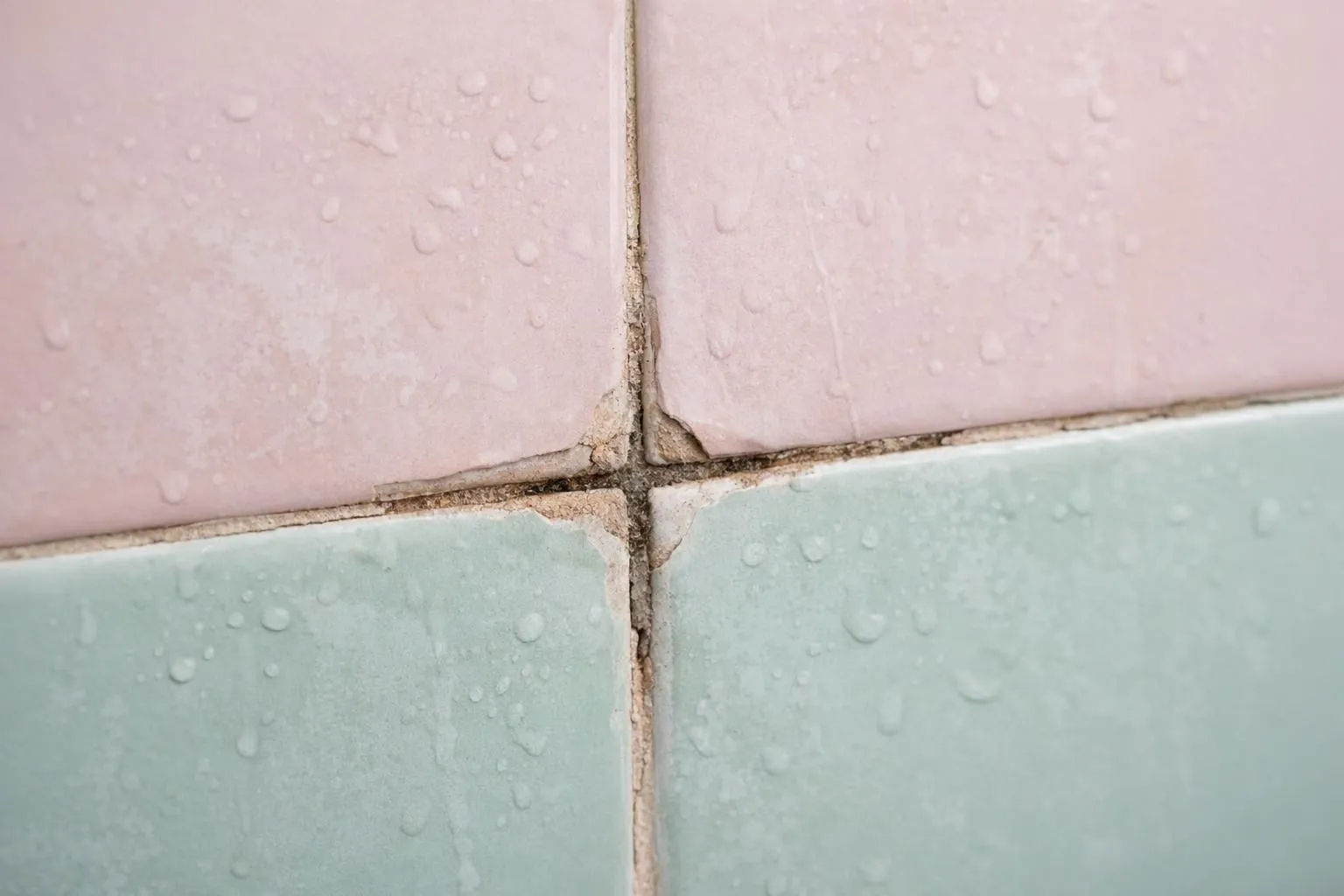 Close-up photograph of damaged ceramic bathroom floor tiles showing visible water stains, discoloration between grout lines, and slight lifting at tile edges with moisture seepage underneath