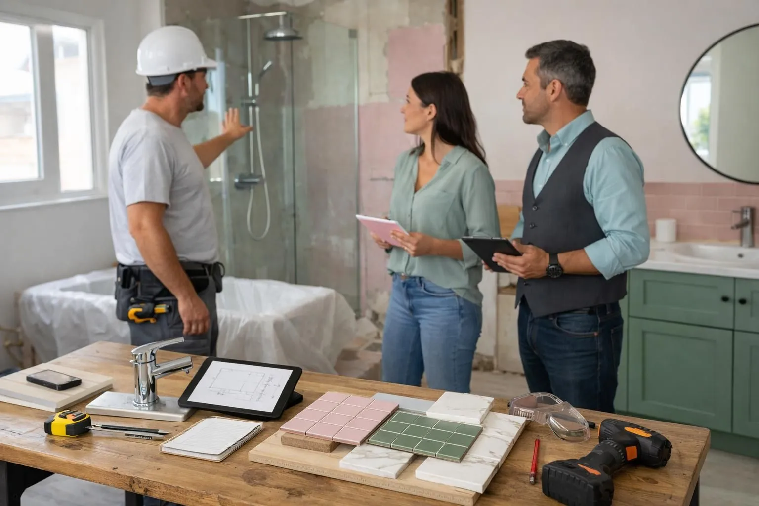 Professional team inspecting bathroom renovation site with digital tablet showing floor plans, durability samples of tiles and fixtures visible on workbench, modern rental apartment context