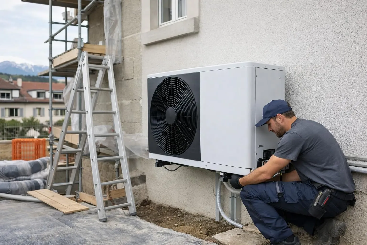 Professional technician installing modern heat pump system on exterior wall of Geneva residential building, ladder visible, energy efficiency renovation in progress, Swiss construction site