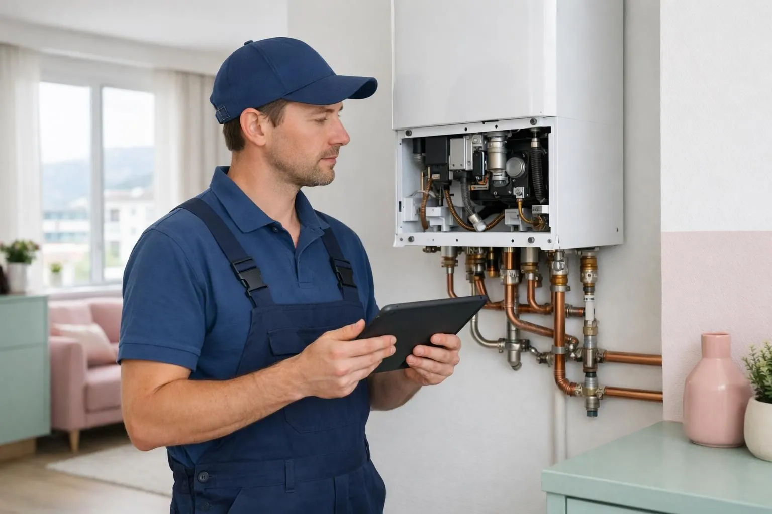 Professional plumber in blue work uniform inspecting modern wall-mounted heating boiler in bright residential apartment, holding diagnostic tablet, technical maintenance scene with copper pipes visible, natural daylight from window, Swiss building interior