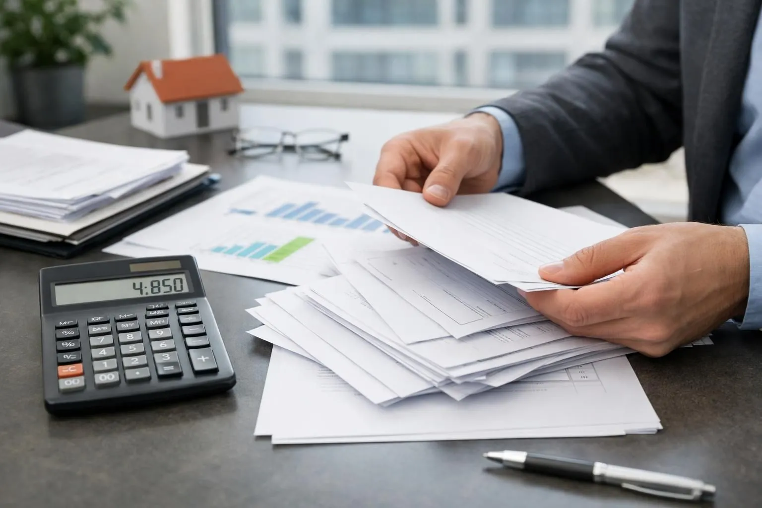 Clean modern office desk with Swiss federal and cantonal government documents spread out, calculator showing subsidy amounts in Swiss francs, energy efficiency charts, and professional hands organizing paperwork for heating system financing in Geneva, natural daylight, business setting