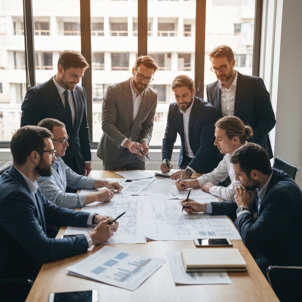 Équipe de professionnels du bâtiment analysant des plans de construction autour d'une grande table dans un bureau lumineux avec fenêtres donnant sur un chantier