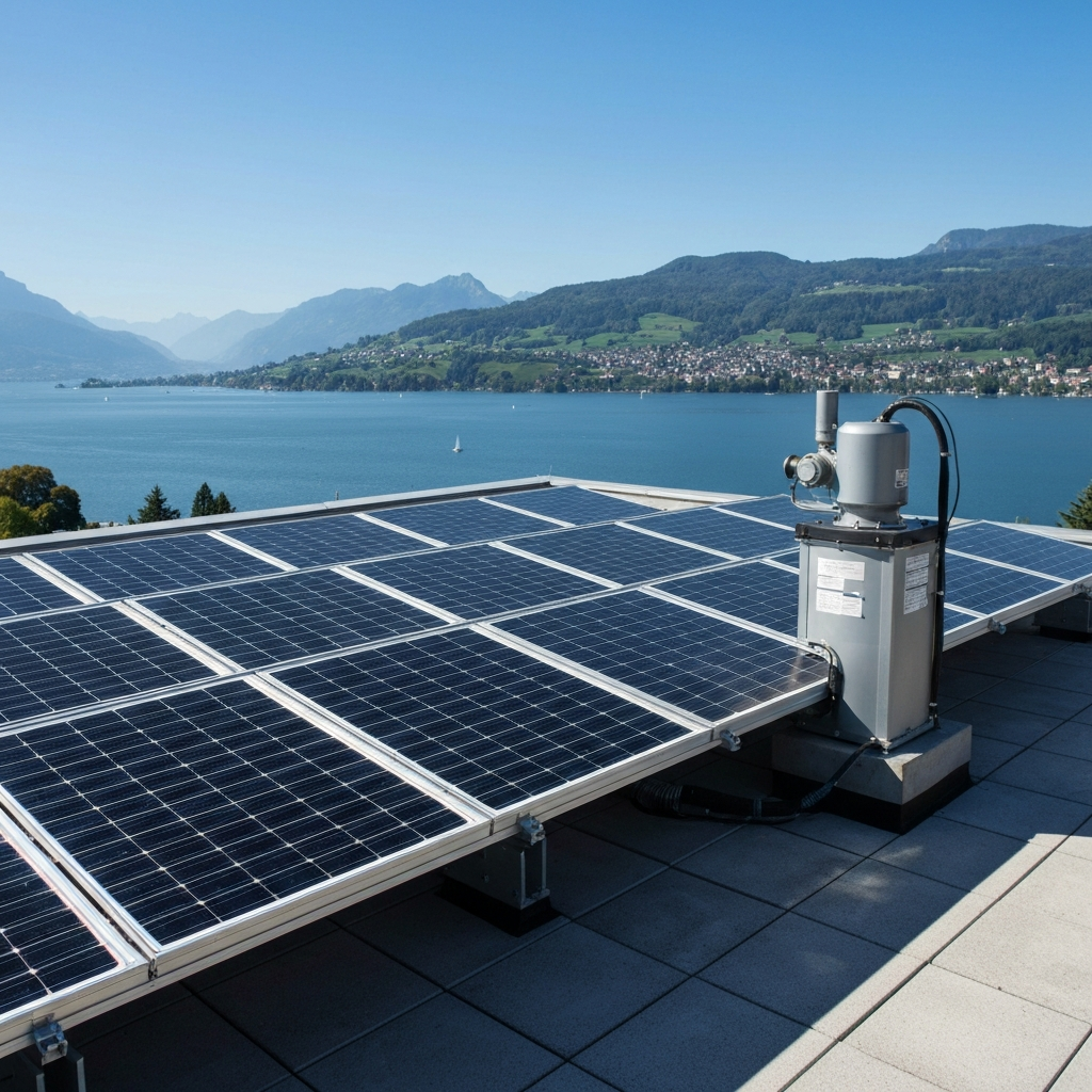 Modern Swiss apartment building rooftop featuring solar panel array integrated with visible heat pump outdoor units, Geneva cityscape background with lake and mountains, clean professional installation with workers inspecting equipment, bright daylight showcasing energy infrastructure, no text or labels visible