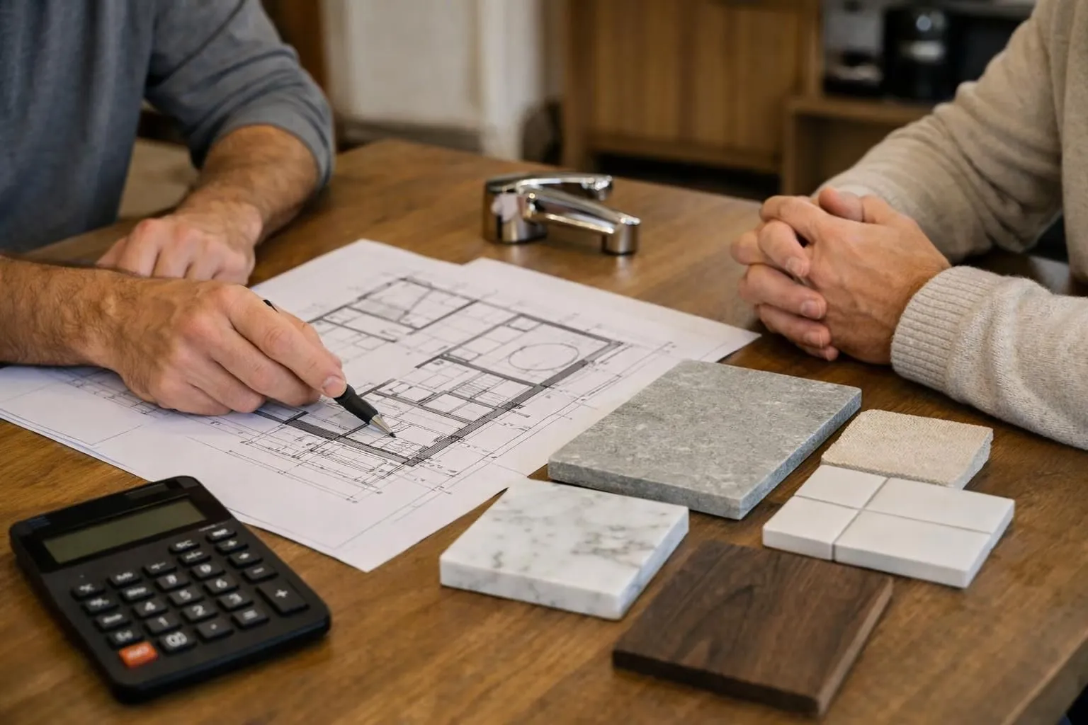 Professional contractor and homeowner reviewing detailed bathroom renovation plans with budget spreadsheet, material samples, and calculator spread across table in Swiss home