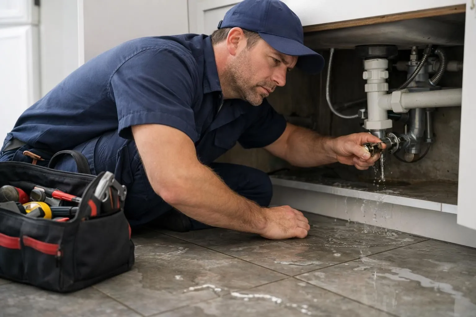 Professional plumber in work uniform crouching to shut off main water valve under kitchen sink during emergency, emergency toolkit visible, water pooling on modern floor tiles, focused expression, natural lighting in residential setting