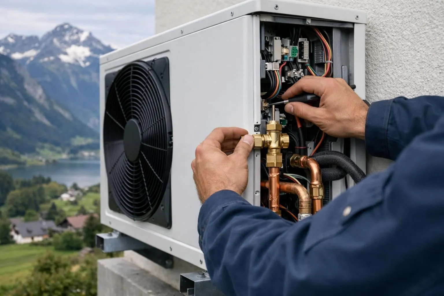 Professional HVAC technician in work uniform installing modern heat pump outdoor unit on building exterior wall with visible copper pipes and electrical connections, Swiss alpine background, realistic photography, no text or labels