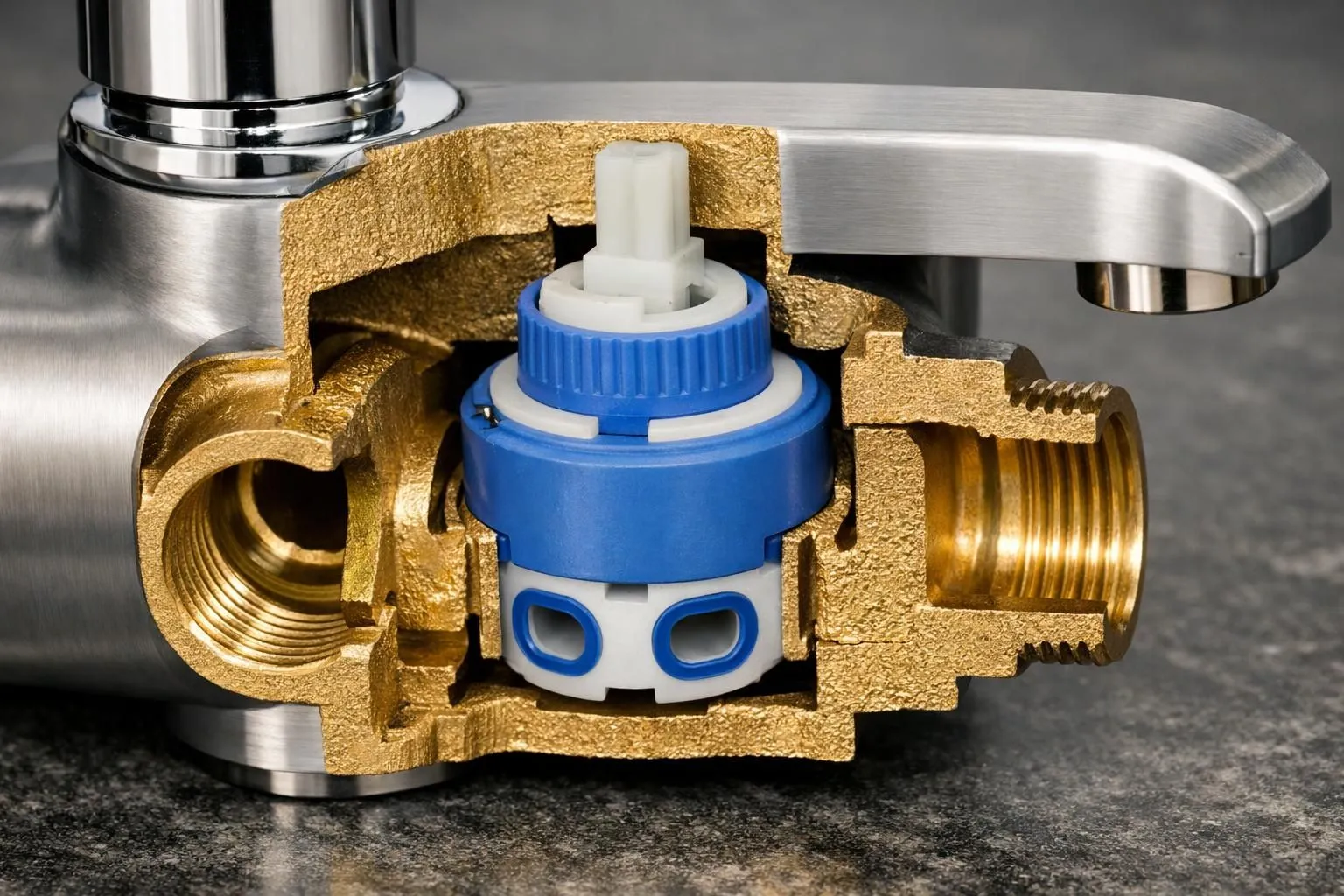 Close-up photograph of a high-quality brass bathroom faucet body cut in cross-section, showing the solid brass material structure and ceramic cartridge inside, with chrome and brushed finishes visible on different parts, professional lighting highlighting the metal craftsmanship and internal components, technical yet elegant composition for bathroom fixture quality comparison