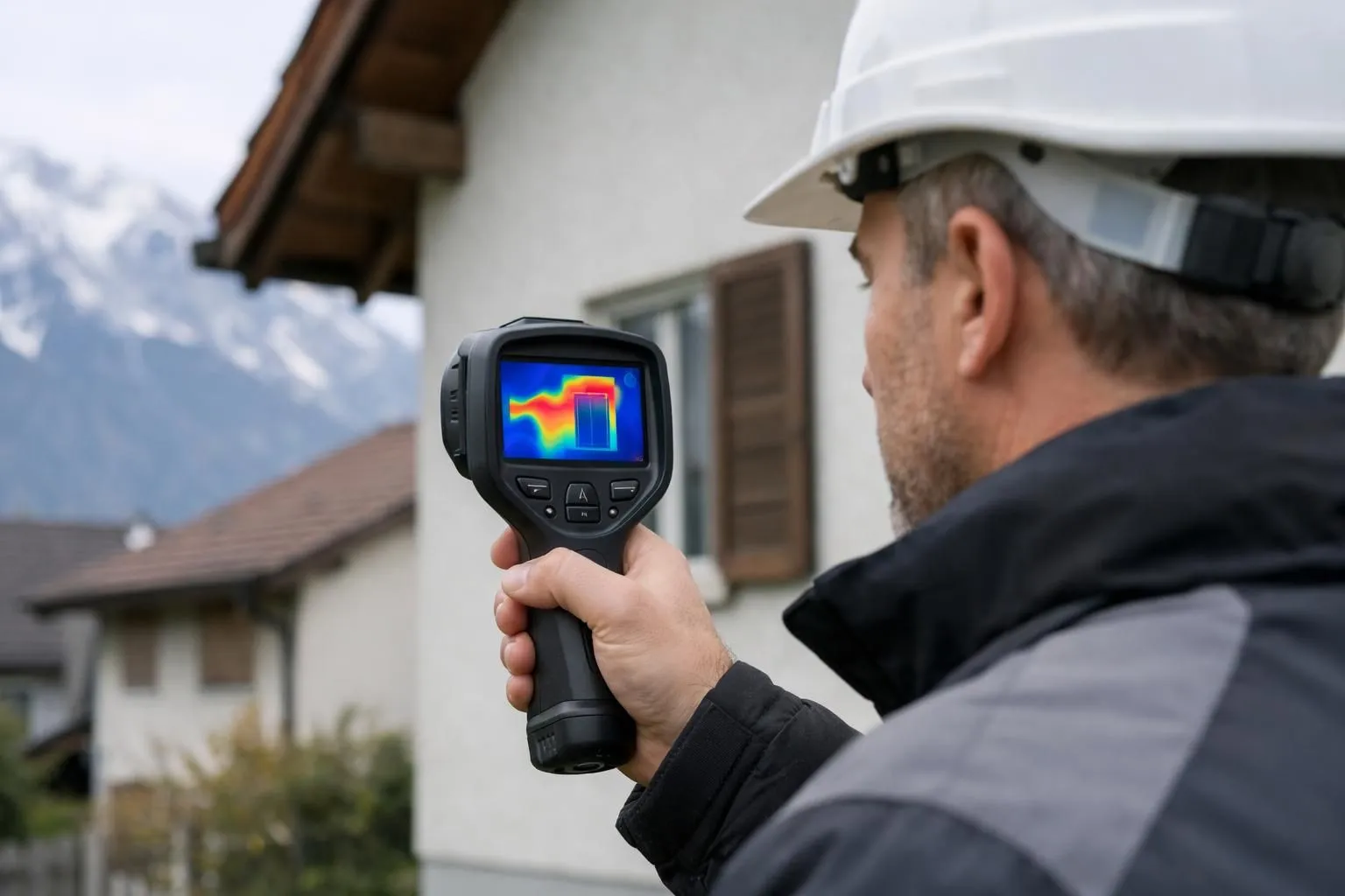 Certified energy auditor using thermal imaging camera to scan building walls in Swiss building, professional holding infrared detector showing heat loss patterns on residential facade, technical inspection scene with visible temperature variations in blue and red zones
