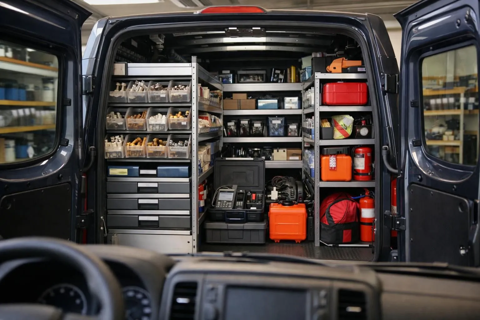 Professional service van with open side doors revealing organized storage system with labeled compartments for plumbing fittings, heating spare parts, diagnostic tools, and emergency equipment in a well-lit workshop setting