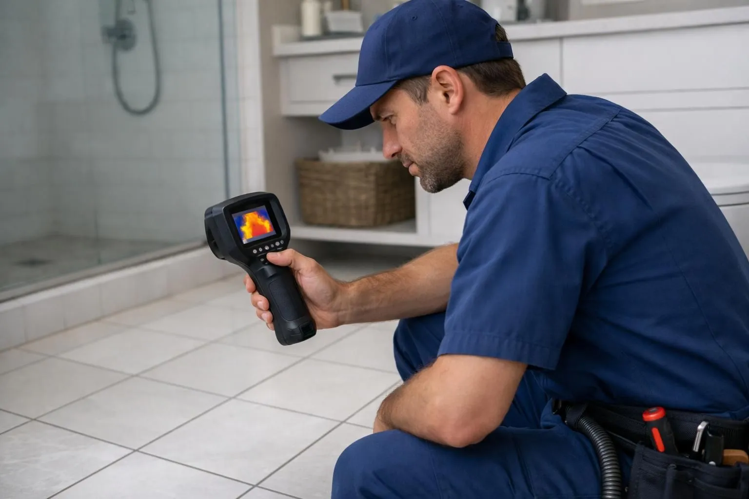 Professional plumber in blue work uniform using handheld thermal imaging camera pointed at bathroom floor tiles, infrared screen visible showing heat variations, modern residential bathroom setting with white tiles, natural lighting, realistic documentary photography style