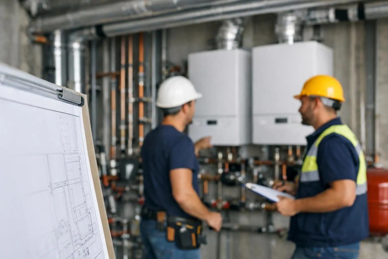 Team meeting on construction site with architects reviewing heating system blueprints next to exposed heating pipes and modern boilers in apartment building under construction, workers in background coordinating installation tasks