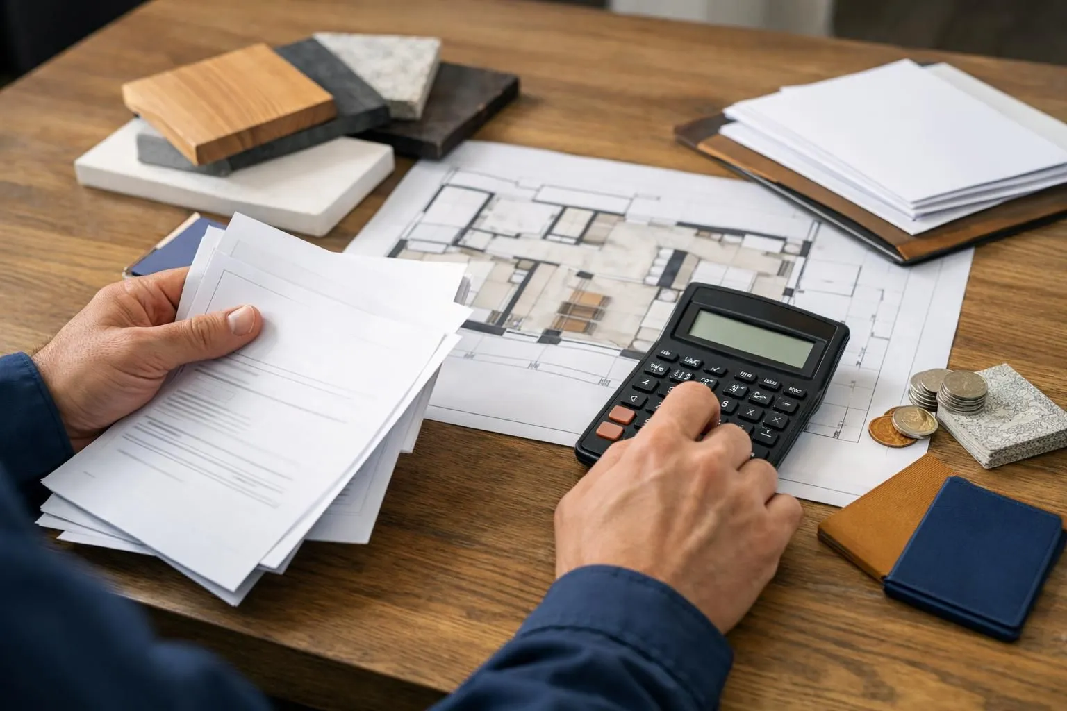 Closeup of construction professional hands holding renovation budget documents and calculator on a modern apartment blueprint, with renovation material samples and cost estimates visible on a wooden desk, natural daylight photography, shallow depth of field
