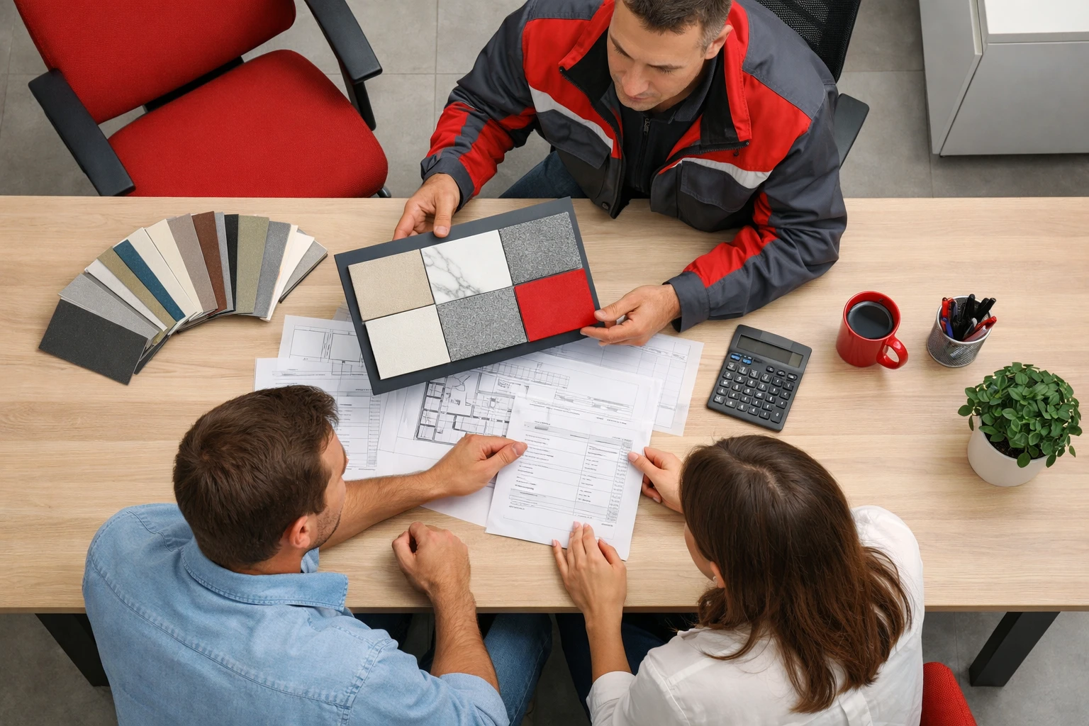 Expert carreleur présentant des échantillons de carreaux et un devis détaillé à des clients professionnels dans un bureau de consultation moderne à Genève, avec calculatrice et plans visibles sur la table