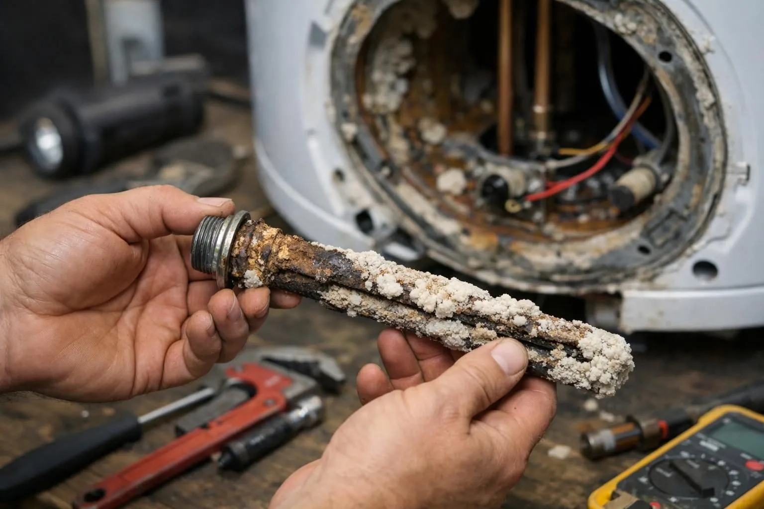Close-up of a plumber's hands examining a corroded water heater component with visible limescale buildup, professional inspection tools visible on a workbench, realistic lighting showing the internal mechanics of a boiler tank during maintenance work in Lausanne