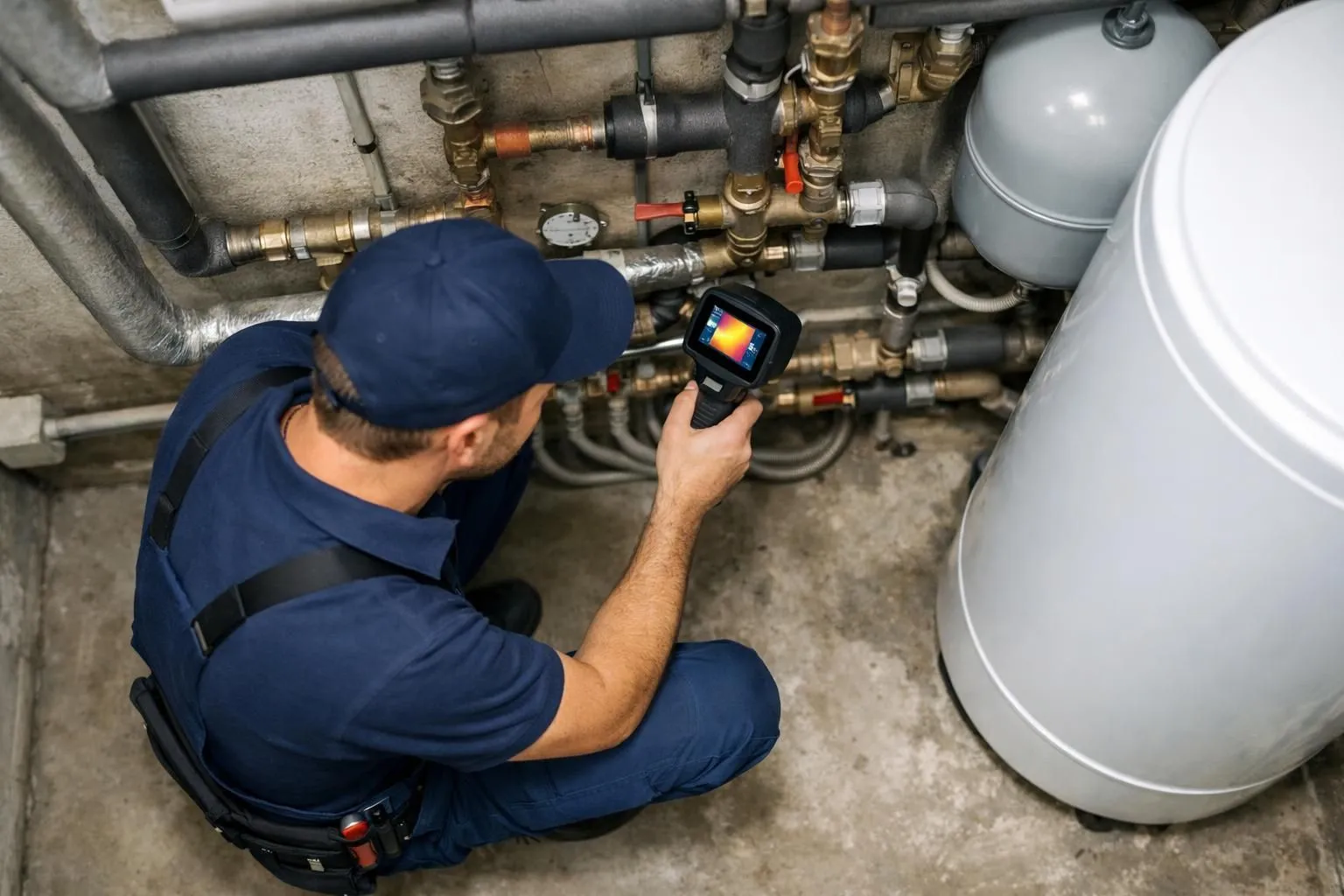 Professional plumber in work uniform examining building pipes and heating system with thermal imaging camera in Swiss apartment building basement, realistic lighting, no text or labels visible