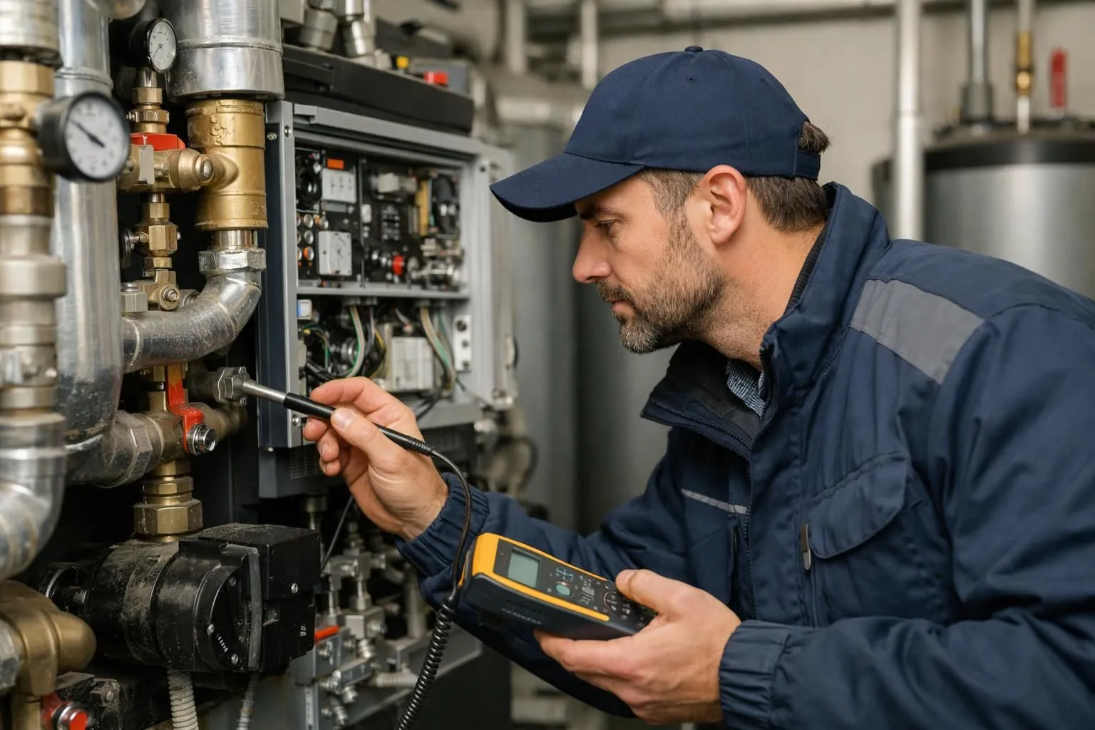 Professional heating technician inspecting a large commercial boiler system in a basement technical room, checking pipes and control panels with diagnostic tools, representing collective heating renovation in Geneva, Switzerland. Realistic indoor scene with industrial equipment, no text or labels visible.