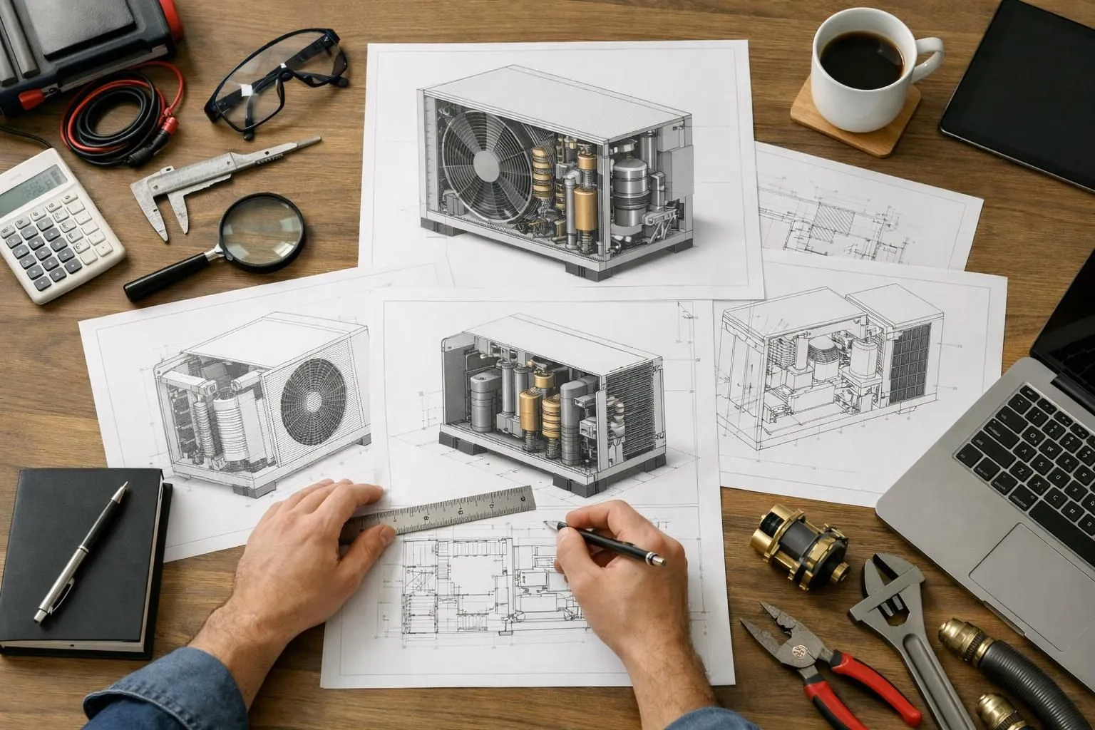 Engineer reviewing heat pump thermal calculation documents with technical specifications and blueprints spread on office desk, professional setting with measuring tools visible