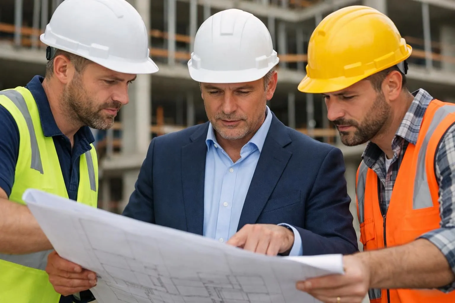 Construction site meeting showing promoter and contractors reviewing blueprints with visible concern, unfinished building structure in background, professional business setting, realistic documentary style