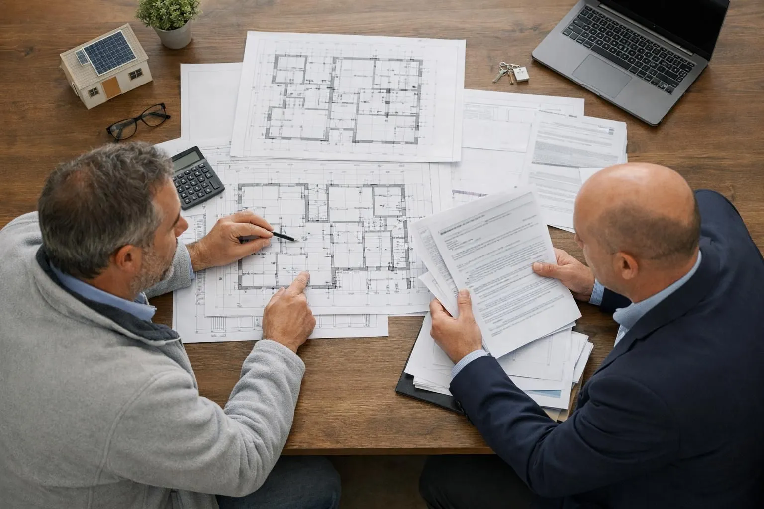 Professional construction consultant reviewing renovation blueprints and grant documents with property manager in modern office, serious business meeting atmosphere with architectural plans visible, focus on trust and expertise in energy renovation subsidies Geneva