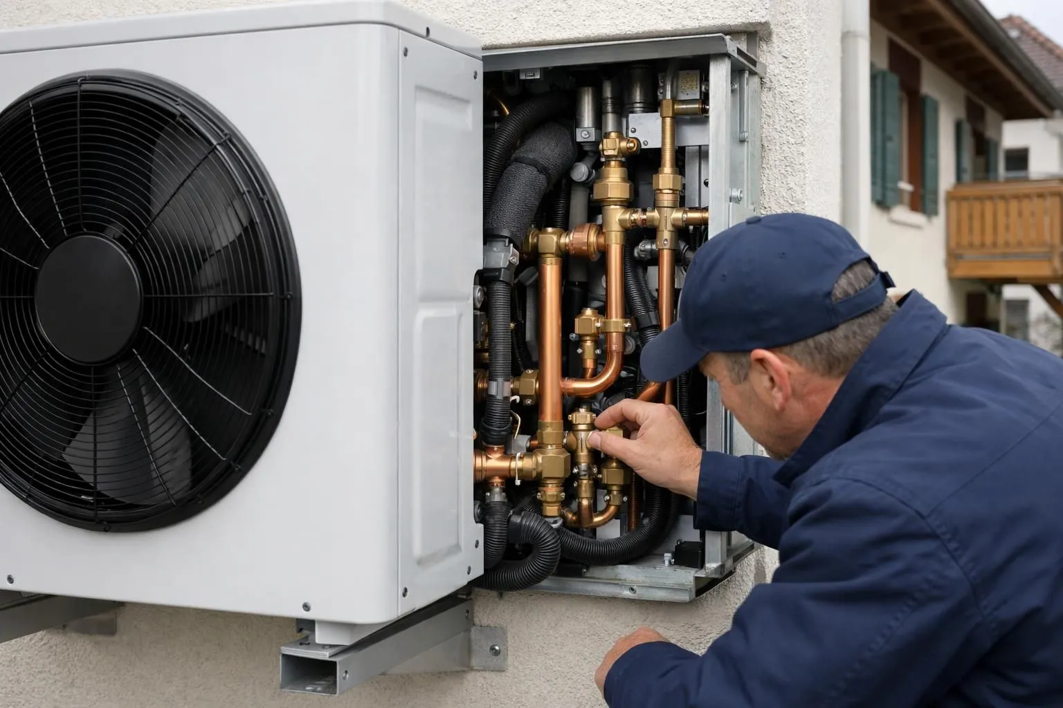 Modern air-source heat pump system installed on exterior wall of renovated Swiss apartment building, technician inspecting copper piping connections, contemporary residential setting with traditional architecture, professional installation photography