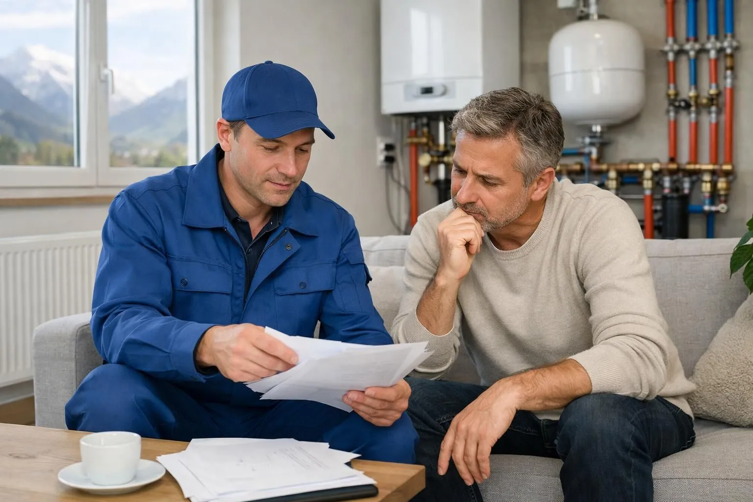 Professional heating engineer in blue workwear showing technical calculation documents and thermal study papers to concerned homeowner in modern Swiss living room with visible radiators and heating system components