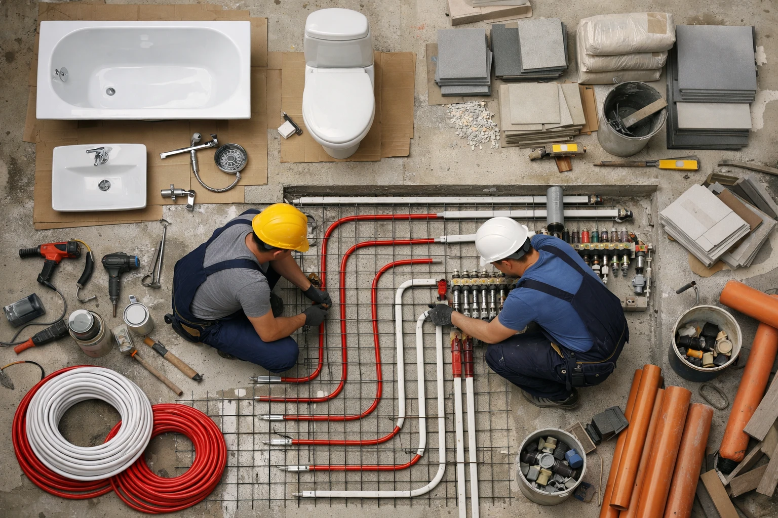 Construction site showing plumbing technicians installing modern heating system pipes in new residential building under construction, with visible bathroom fixtures and tile materials ready for installation