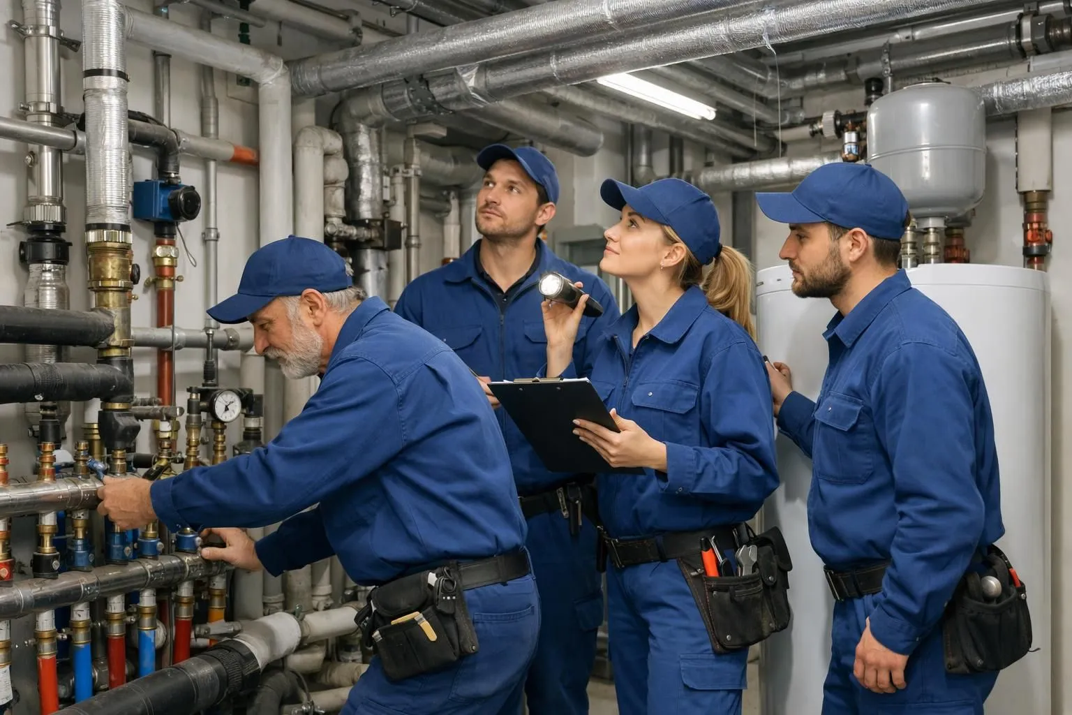 Professional plumbers in blue work uniforms inspecting building plumbing systems in a modern apartment building basement technical room, with pipes and heating equipment visible in background, bright industrial lighting, one technician taking notes on clipboard while another examines piping, realistic photography style
