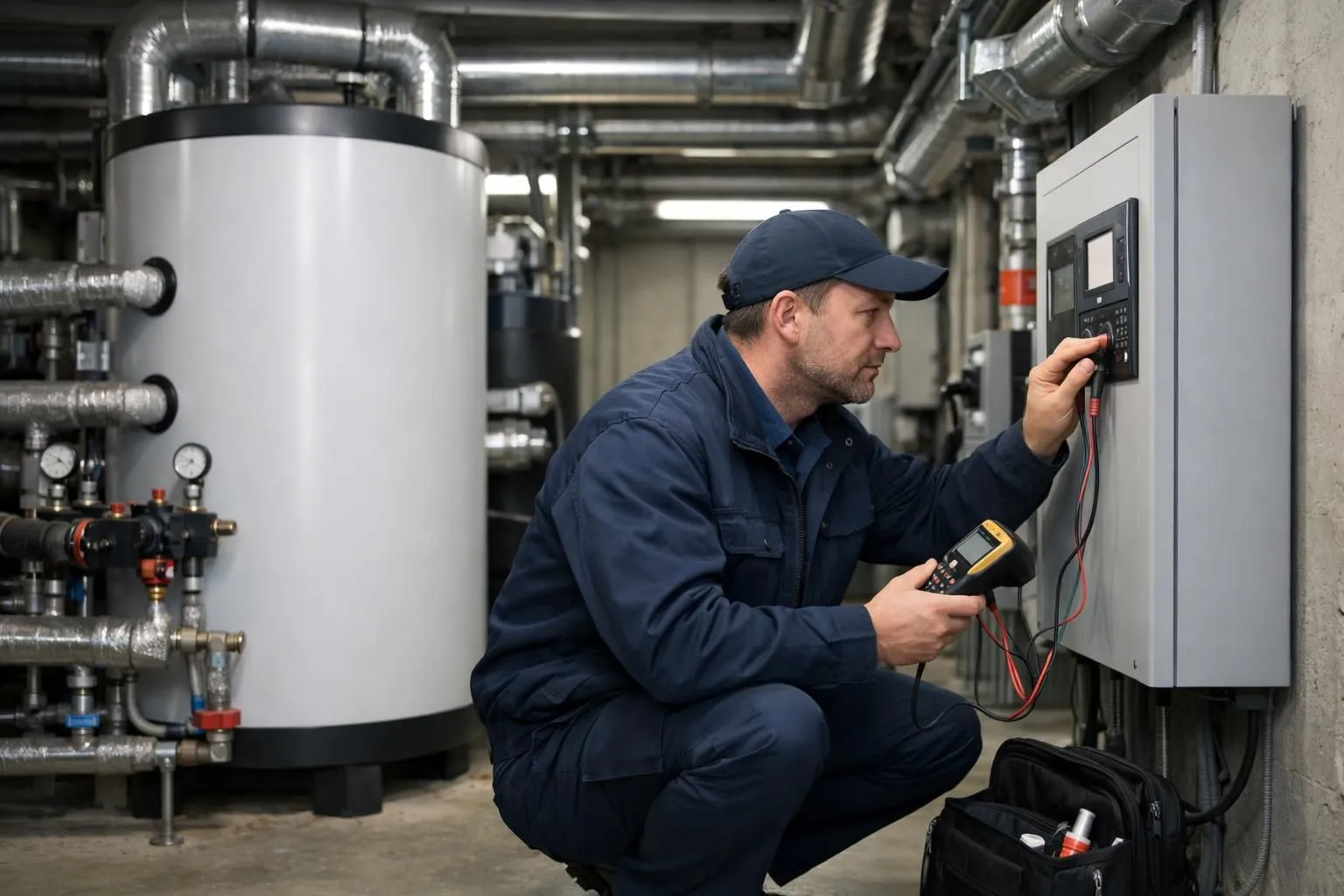 Professional technician in work uniform inspecting a modern collective heating system in a Geneva apartment building basement, checking pipes and control panel with technical tools, realistic indoor industrial environment with boiler equipment visible