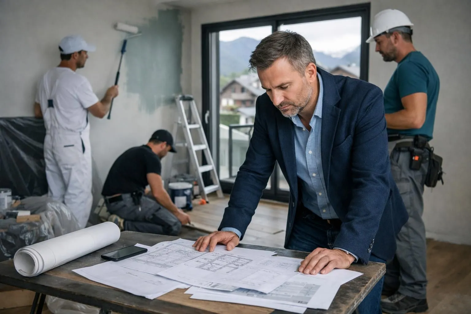 A renovation manager reviewing blueprints and planning documents with contractors on a construction site of a residential rental property, with visible renovation work in progress including painting and flooring, realistic professional photography style focused on project management and coordination in Swiss building renovation context