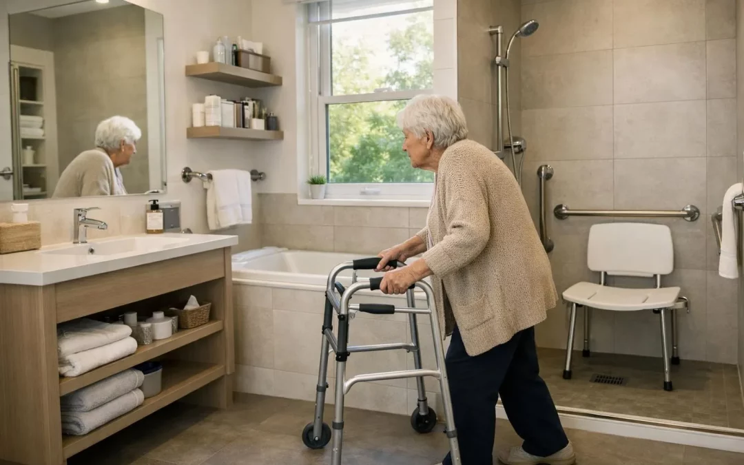 Salle de bain PMR équipée pour personnes à mobilité réduite avec douche accessible et aides à la mobilité.