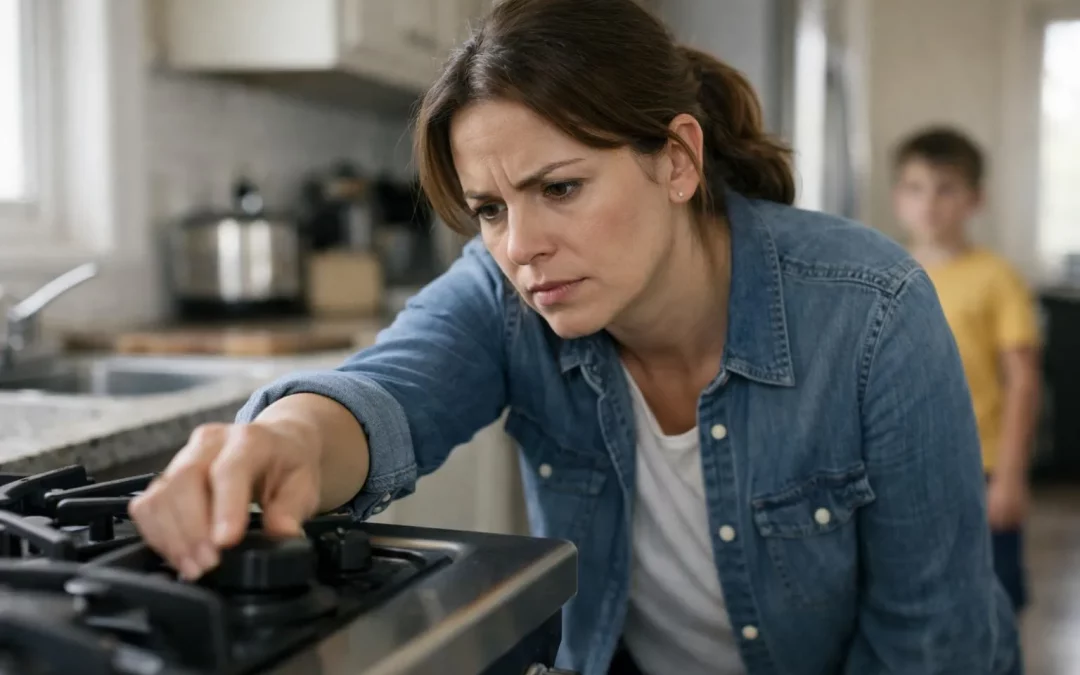 "Mère fermant valve gaz cuisine après fuite détectée"