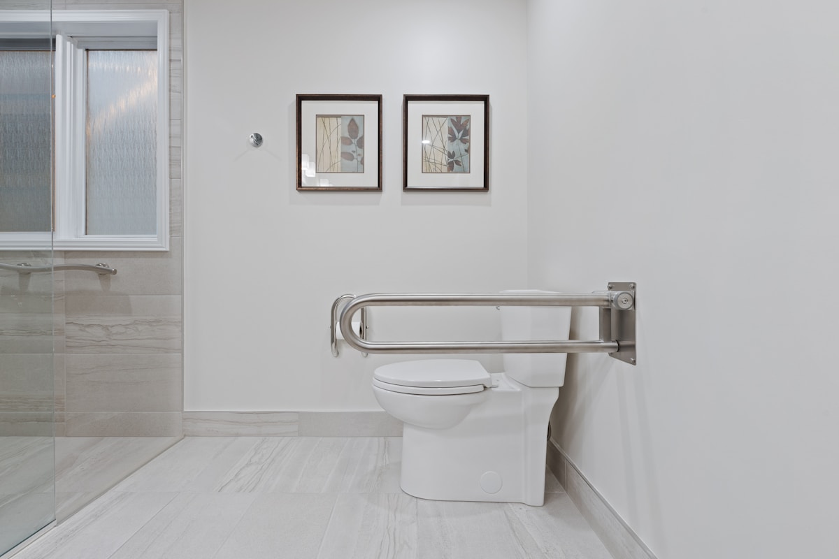 Salle de bain moderne avec carrelage gris, cadres muraux et barre d'appui.
