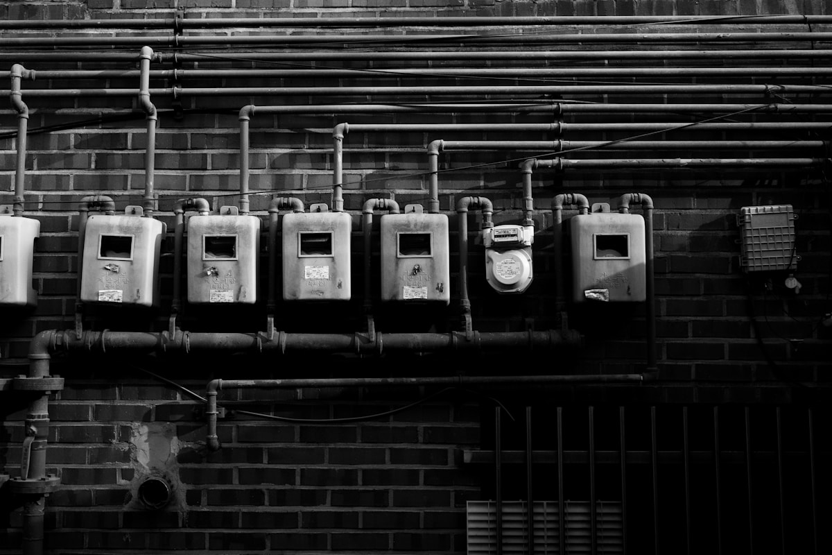 a black and white photo of a row of parking meters