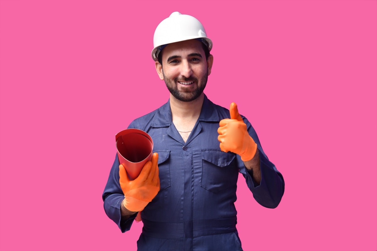 Ouvrier du bâtiment en uniforme bleu, gants orange, casque blanc, souriant et donnant le pouce levé.