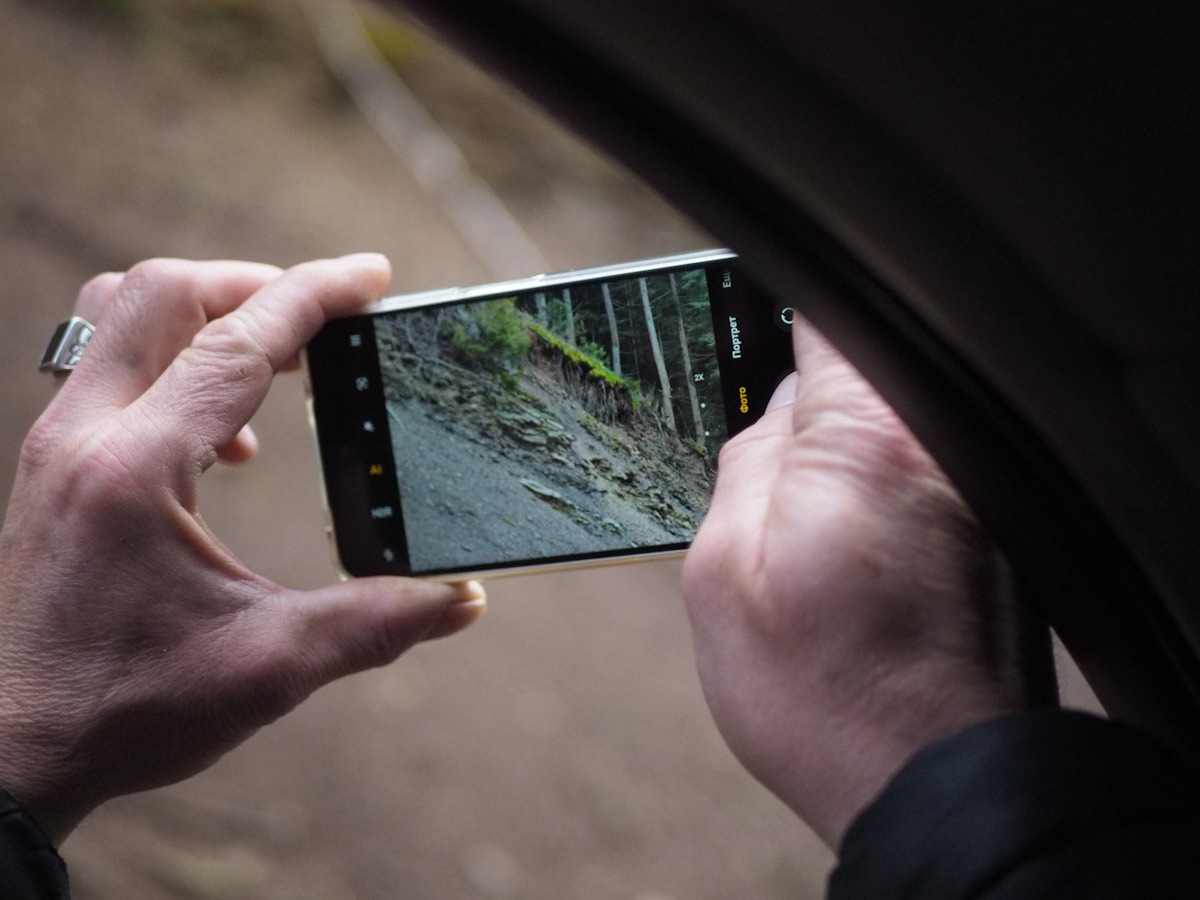 Mains tenant un smartphone capturant une scène forestière avec des rochers et de la végétation.